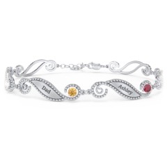Engravable Beaded Family Bracelet with Round Birthstones (1-6 Stones) – Sterling Silver with Cubic Zirconia, Citrine, and Ruby