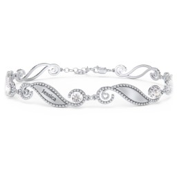 Engravable Beaded Family Bracelet with Round Birthstones (1-6 Stones) in 925 Sterling Silver with Cubic Zirconia, Fancy Blue Premium Zirconia, Pink Tourmaline, and Emerald