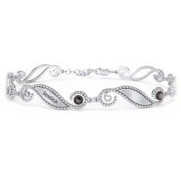 Engravable Beaded Family Bracelet with Round Birthstones (1-6 Stones) in 925 Sterling Silver with Smokey Quartz, Fancy Blue Premium Zirconia, Pink Tourmaline, and Emerald
