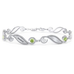Engravable Beaded Family Bracelet with Round Birthstones (1-6 Stones) in 925 Sterling Silver with Peridot, Fancy Blue Premium Zirconia, Pink Tourmaline, and Emerald
