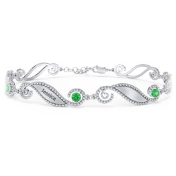 Engravable Beaded Family Bracelet with Round Birthstones (1-6 Stones) in 925 Sterling Silver with Emerald, Fancy Blue Premium Zirconia, and Pink Tourmaline