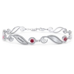 Engravable Beaded Family Bracelet with Round Birthstones (1-6 Stones) in 925 Sterling Silver with Ruby, Fancy Blue Premium Zirconia, Pink Tourmaline, and Emerald