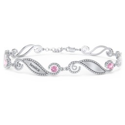 Engravable Beaded Family Bracelet with Round Birthstones (1-6 Stones) in 925 Sterling Silver with Pink Tourmaline, Fancy Blue Premium Zirconia, and Emerald