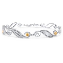 Engravable Beaded Family Bracelet with Round Birthstones (1-6 Stones) in 925 Sterling Silver with Citrine, Fancy Blue Premium Zirconia, Pink Tourmaline, and Emerald