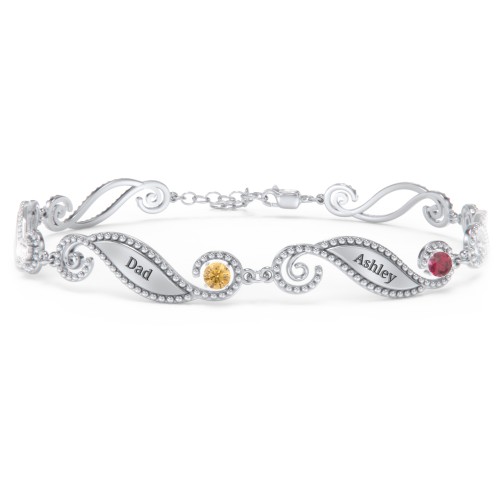 Engravable Beaded Family Bracelet with Round Birthstones (1-6 Stones) – Sterling Silver with Cubic Zirconia, Citrine, and Ruby