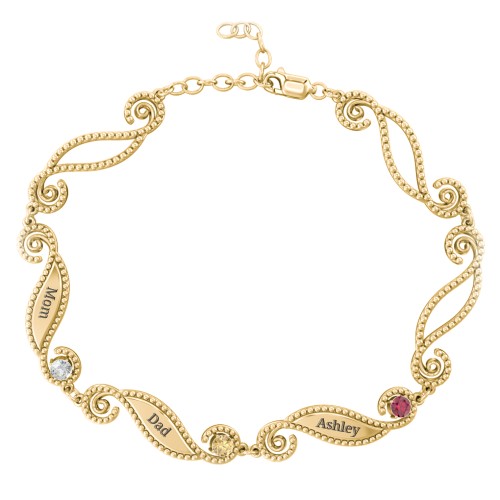 Engravable Beaded Family Bracelet with Round Birthstones (1-6 Stones) – 10K Yellow Gold with Cubic Zirconia, Citrine, and Ruby