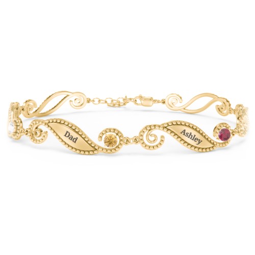 Engravable Beaded Family Bracelet with Round Birthstones (1-6 Stones) – 10K Yellow Gold with Cubic Zirconia, Citrine, and Ruby