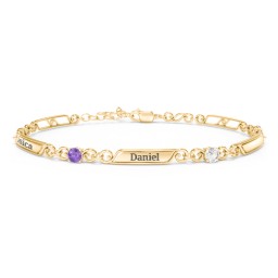 Engravable Classic Family Bracelet with Round Birthstones (1-5 Stones) in 10K Solid Yellow Gold with Amethyst, Cubic Zirconia, Ruby, Peridot, and Blue Topaz