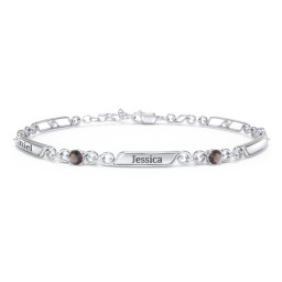 Engravable Classic Family Bracelet with Round Birthstones (1-5 Stones) in 925 Sterling Silver with Smokey Quartz, Peridot, and Blue Topaz