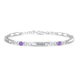 Engravable Classic Family Bracelet with Round Birthstones (1-5 Stones) in 925 Sterling Silver with Amethyst, Peridot, and Blue Topaz