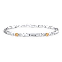 Engravable Classic Family Bracelet with Round Birthstones (1-5 Stones) in 925 Sterling Silver with Citrine, Peridot, and Blue Topaz