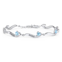 Engravable Milgrain Family Bracelet with Heart Birthstones (1-7 Stones) in 925 Sterling Silver