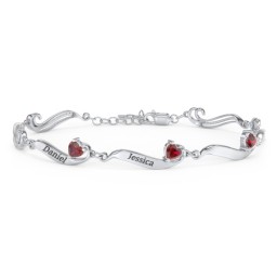 Engravable Milgrain Family Bracelet with Heart Birthstones (1-7 Stones) in 925 Sterling Silver