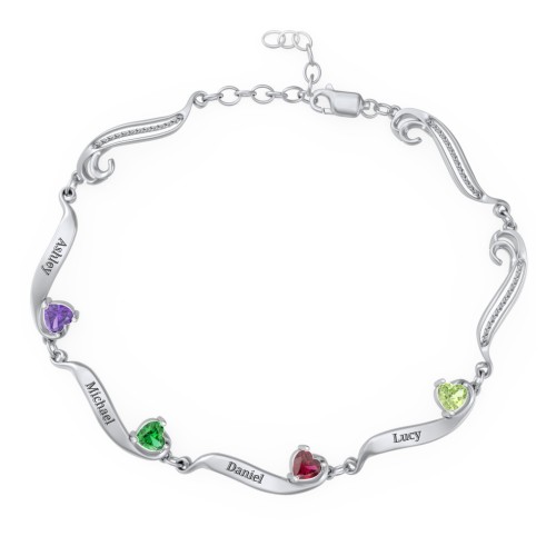 Engravable Milgrain Family Bracelet with Heart Birthstones (1-7 Stones)