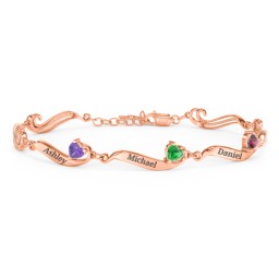 Engravable Milgrain Family Bracelet with Heart Birthstones (1-7 Stones) in 10K Solid Rose Gold with Amethyst, Emerald, Ruby, Peridot, Blue Topaz, and Pink Tourmaline