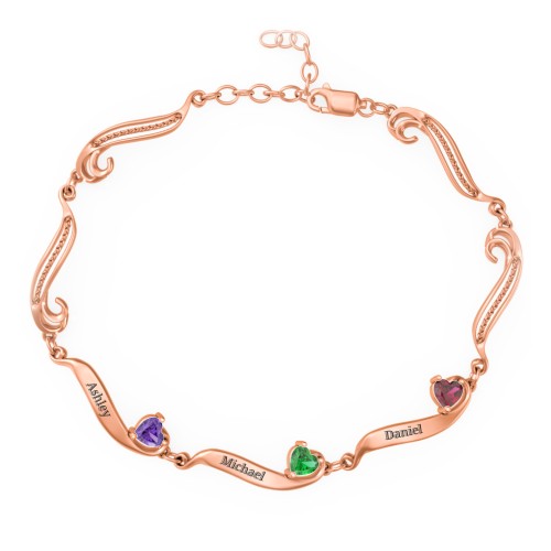 Engravable Milgrain Family Bracelet with Heart Birthstones (1-7 Stones) – 10K Rose Gold with Amethyst, Emerald, and Ruby