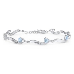 Engravable Milgrain Family Bracelet with Heart Birthstones (1-7 Stones) in 925 Sterling Silver with Aquamarine, Peridot, Blue Topaz, Pink Tourmaline, and Amethyst