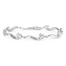 Engravable Milgrain Family Bracelet with Heart Birthstones (1-7 Stones) in 925 Sterling Silver with Cubic Zirconia, Peridot, Blue Topaz, Pink Tourmaline, and Amethyst