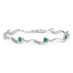 Engravable Milgrain Family Bracelet with Heart Birthstones (1-7 Stones) in 925 Sterling Silver with Emerald, Peridot, Blue Topaz, Pink Tourmaline, and Amethyst