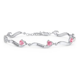 Engravable Milgrain Family Bracelet with Heart Birthstones (1-7 Stones) in 925 Sterling Silver with Pink Tourmaline, Peridot, Blue Topaz, and Amethyst