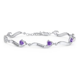 Engravable Milgrain Family Bracelet with Heart Birthstones (1-7 Stones) in 925 Sterling Silver with Amethyst, Peridot, Blue Topaz, and Pink Tourmaline