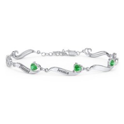 Engravable Milgrain Family Bracelet with Heart Birthstones (1-7 Stones) in 925 Sterling Silver with Emerald, Peridot, Blue Topaz, Pink Tourmaline, and Amethyst