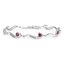 Engravable Milgrain Family Bracelet with Heart Birthstones (1-7 Stones) in 925 Sterling Silver with Ruby, Peridot, Blue Topaz, Pink Tourmaline, and Amethyst