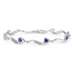 Engravable Milgrain Family Bracelet with Heart Birthstones (1-7 Stones) in 925 Sterling Silver with Blue Sapphire, Peridot, Blue Topaz, Pink Tourmaline, and Amethyst