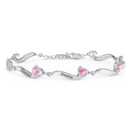 Engravable Milgrain Family Bracelet with Heart Birthstones (1-7 Stones) in 925 Sterling Silver with Pink Tourmaline, Peridot, Blue Topaz, and Amethyst