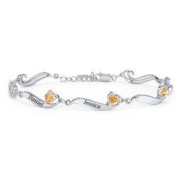 Engravable Milgrain Family Bracelet with Heart Birthstones (1-7 Stones) in 925 Sterling Silver with Citrine, Peridot, Blue Topaz, Pink Tourmaline, and Amethyst