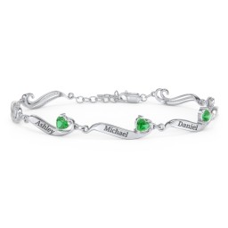 Engravable Milgrain Family Bracelet with Heart Birthstones (1-7 Stones) in 925 Sterling Silver with Emerald, Peridot, Blue Topaz, Pink Tourmaline, and Amethyst