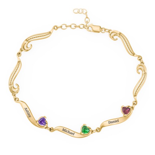 Engravable Milgrain Family Bracelet with Heart Birthstones (1-7 Stones) – 10K Yellow Gold with Amethyst, Emerald, and Ruby