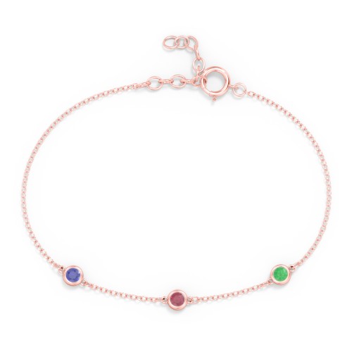 Bezel-Set Round Stone Station Bracelet – 10K Rose Gold with Blue Sapphire, Ruby, and Emerald