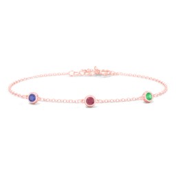 Bezel-Set Round Stone Station Bracelet in 10K Solid Rose Gold with Blue Sapphire, Ruby, Emerald, Pink Tourmaline, Blue Topaz, and Smokey Quartz