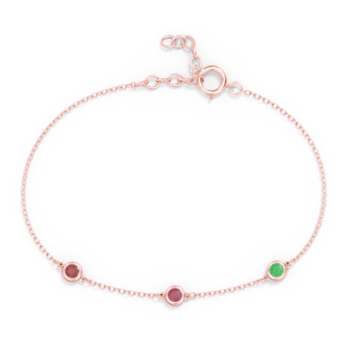 Bezel-Set Round Stone Station Bracelet – 10K Rose Gold with Garnet, Ruby, and Emerald