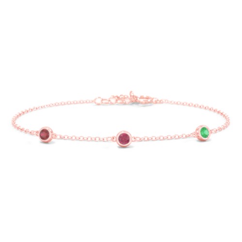 Bezel-Set Round Stone Station Bracelet – 10K Rose Gold with Garnet, Ruby, and Emerald