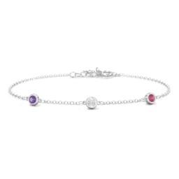 Bezel-Set Round Stone Station Bracelet in 925 Sterling Silver with Amethyst, Cubic Zirconia, and Ruby