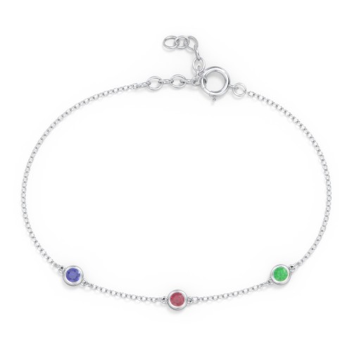 Bezel-Set Round Stone Station Bracelet – Sterling Silver with Blue Sapphire, Ruby, and Emerald