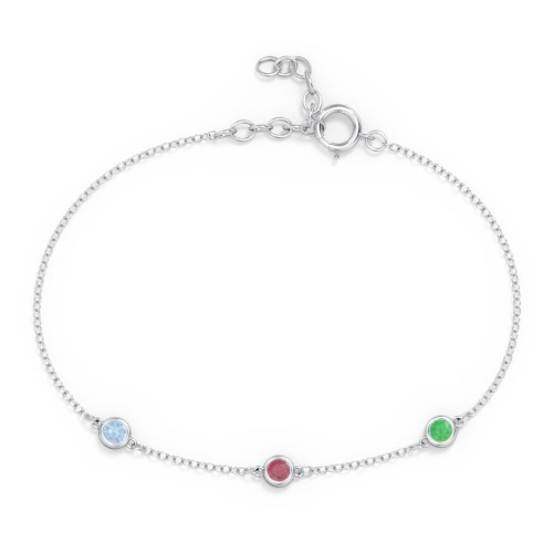 Bezel-Set Round Stone Station Bracelet – Sterling Silver with Blue Topaz, Ruby, and Emerald