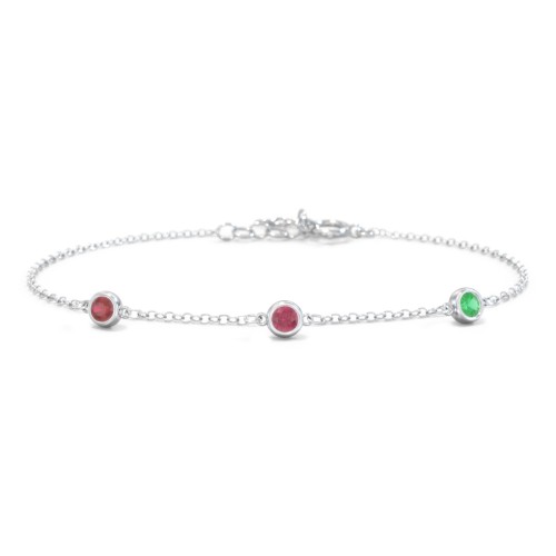 Bezel-Set Round Stone Station Bracelet – Sterling Silver with Garnet, Ruby, and Emerald