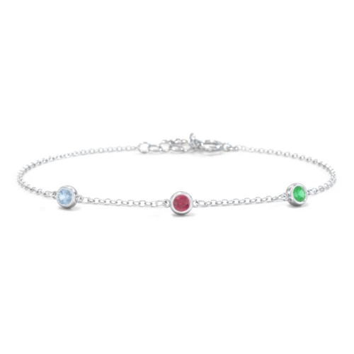 Bezel-Set Round Stone Station Bracelet – Sterling Silver with Blue Topaz, Ruby, and Emerald