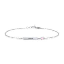 Engravable Bar Bracelet with Bezel Set Stone in 925 Sterling Silver with Pink Tourmaline