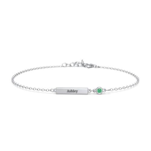 Engravable Bar Bracelet with Bezel Set Stone – Sterling Silver with Emerald