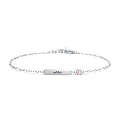Engravable Bar Bracelet with Bezel Set Stone – Sterling Silver with Pink Tourmaline
