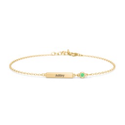 Engravable Bar Bracelet with Bezel Set Stone in 18K Gold Plated Silver with Emerald