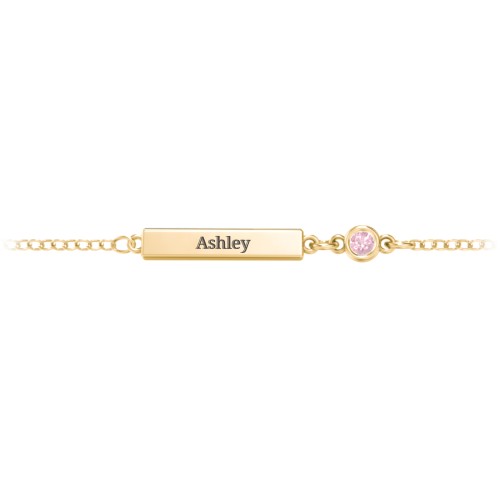 Engravable Bar Bracelet with Bezel Set Stone – 18K Gold Plated Silver with Pink Tourmaline