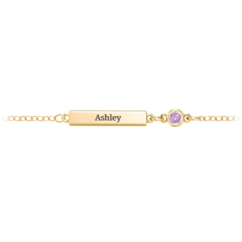 Engravable Bar Bracelet with Bezel Set Stone – 18K Gold Plated Silver with Amethyst