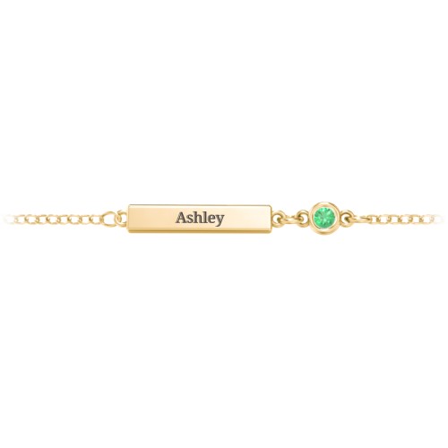 Engravable Bar Bracelet with Bezel Set Stone – 18K Gold Plated Silver with Emerald