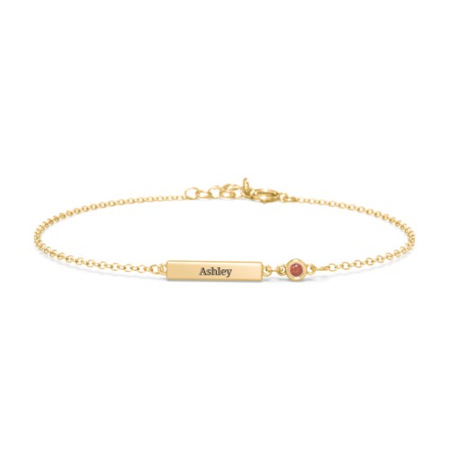 Engravable Bar Bracelet with Bezel Set Stone – 18K Gold Plated Silver with Garnet