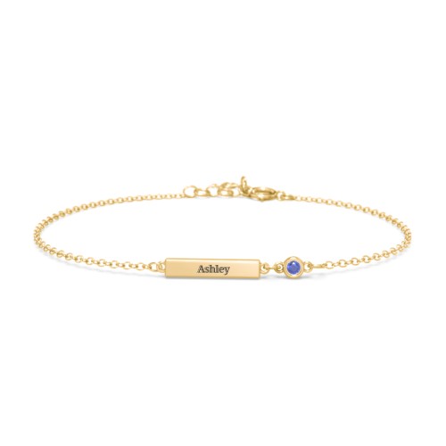 Engravable Bar Bracelet with Bezel Set Stone – 18K Gold Plated Silver with Blue Sapphire